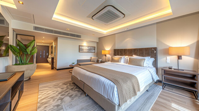 Hotel room equipped with advanced commerical HVAC systems for consistent comfort and energy efficiency